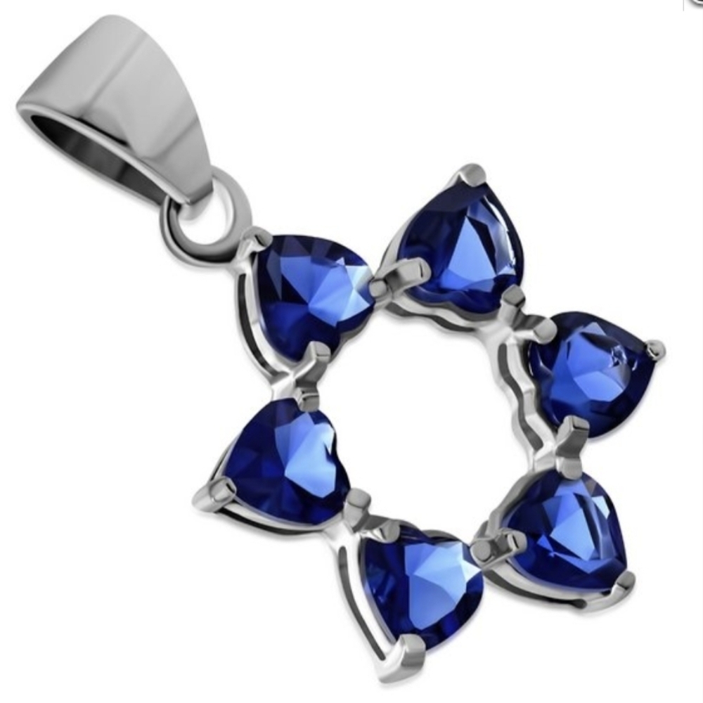 Pendant: Heart Shape Blue CZ Star of David Silver Pendant